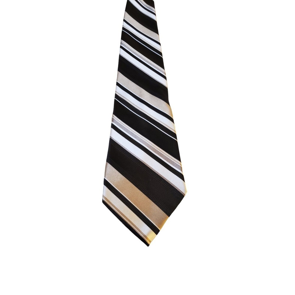 Arrow Men Necktie Tie Black Gold Cream Stripes 100% Silk Made in USA Work EUC